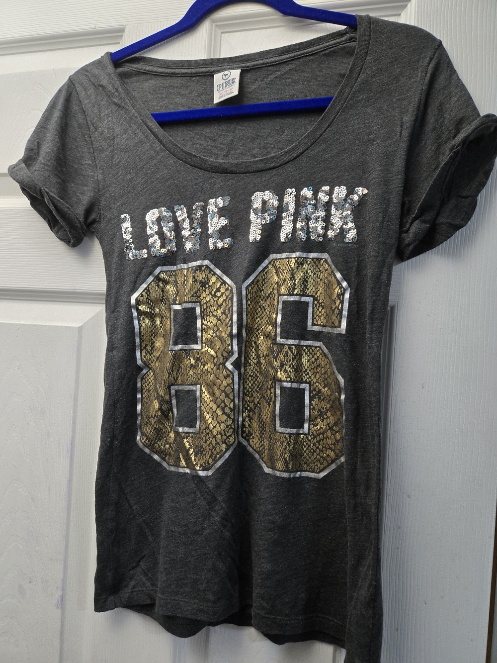 PINK Vintage Dark Gray V-neck Short Sleeve T-shirt With Python Print & Bling